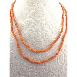 Vintage Coral Bead Necklace 32" Natural Orange Small Barrel Shaped Continuous